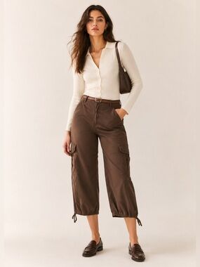 Y2K Cargo Utility Capri Convertible Drawstring hem Barrel/Wide Brown Pockets 20